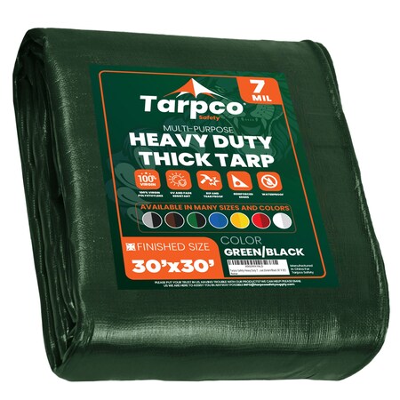 Tarpco Safety Heavy Duty Tarp, 30 ft x 0.5 mm H x 30 ft W, 7 Mil, Green/Black, Polyethylene TS-203-30X30